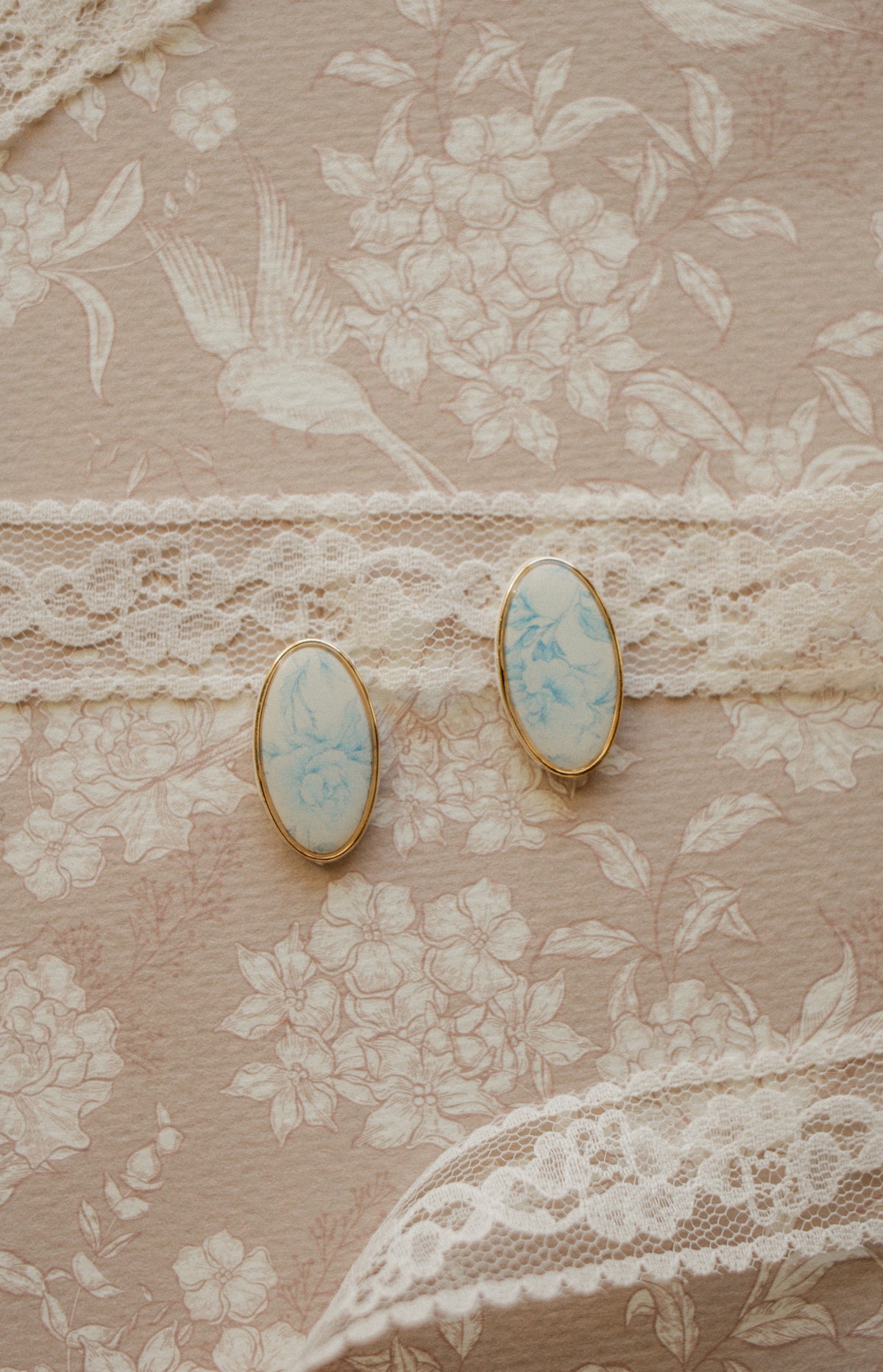 Beatrice | Blue toile oval studs