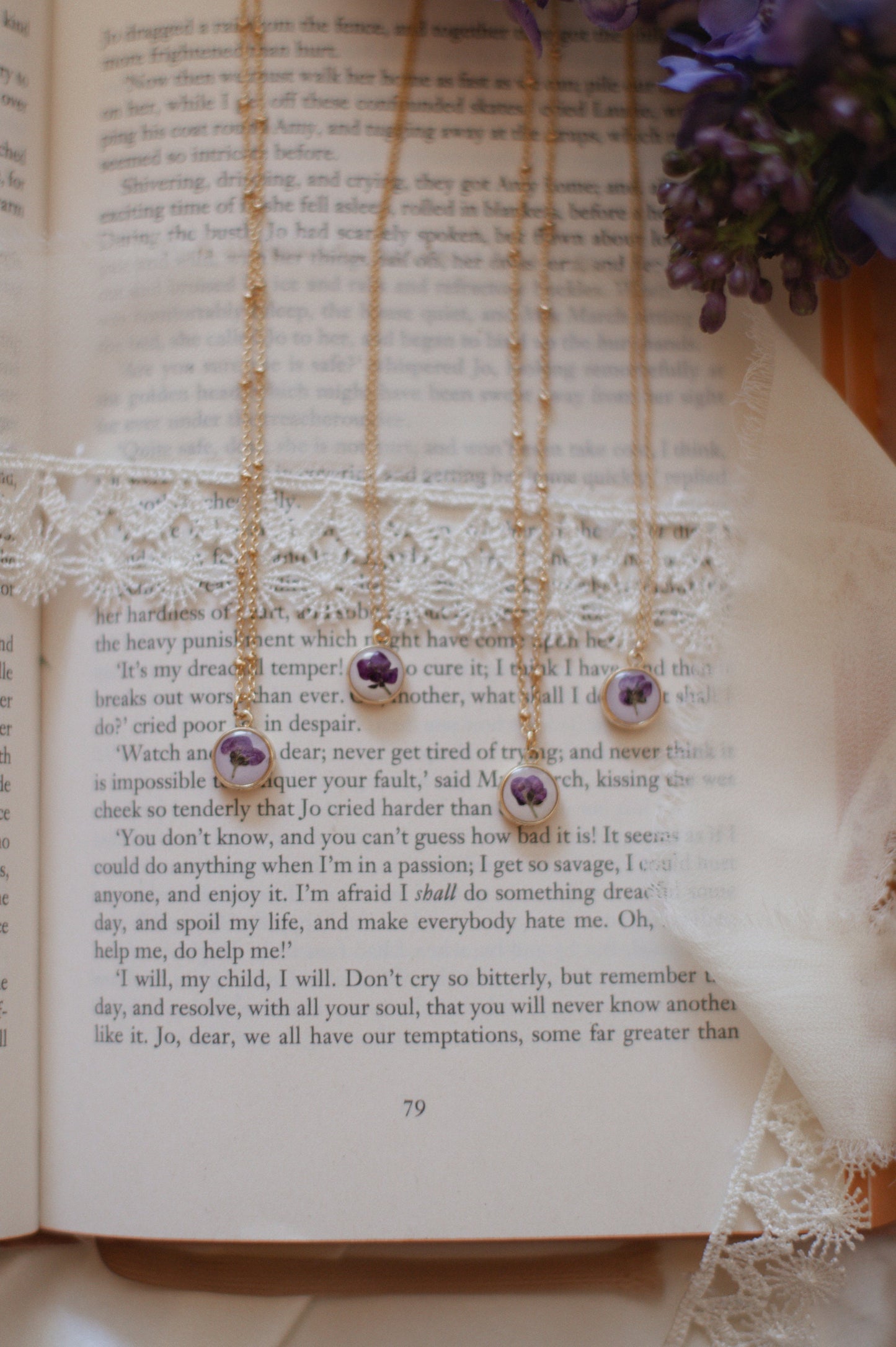 Louisa Wildflower Necklace | Pressed Flower Jewelry | Purple Alyssum necklace | Gold plated Satellite Chain | Dainty Gold Filled Chain