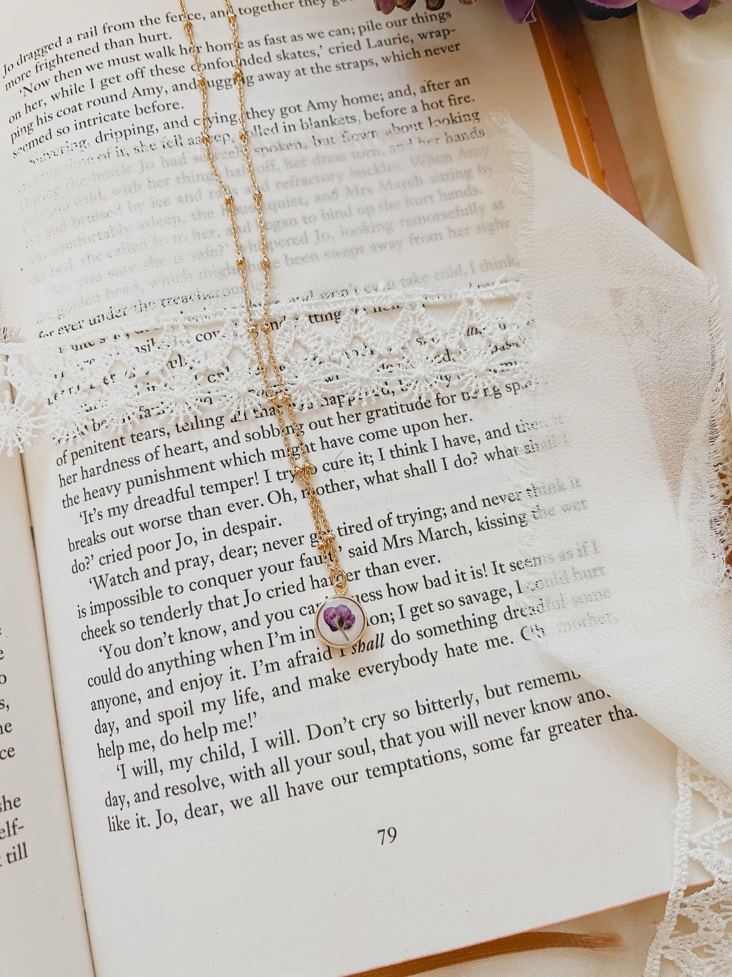 Louisa Wildflower Necklace | Pressed Flower Jewelry | Purple Alyssum necklace | Gold plated Satellite Chain | Dainty Gold Filled Chain