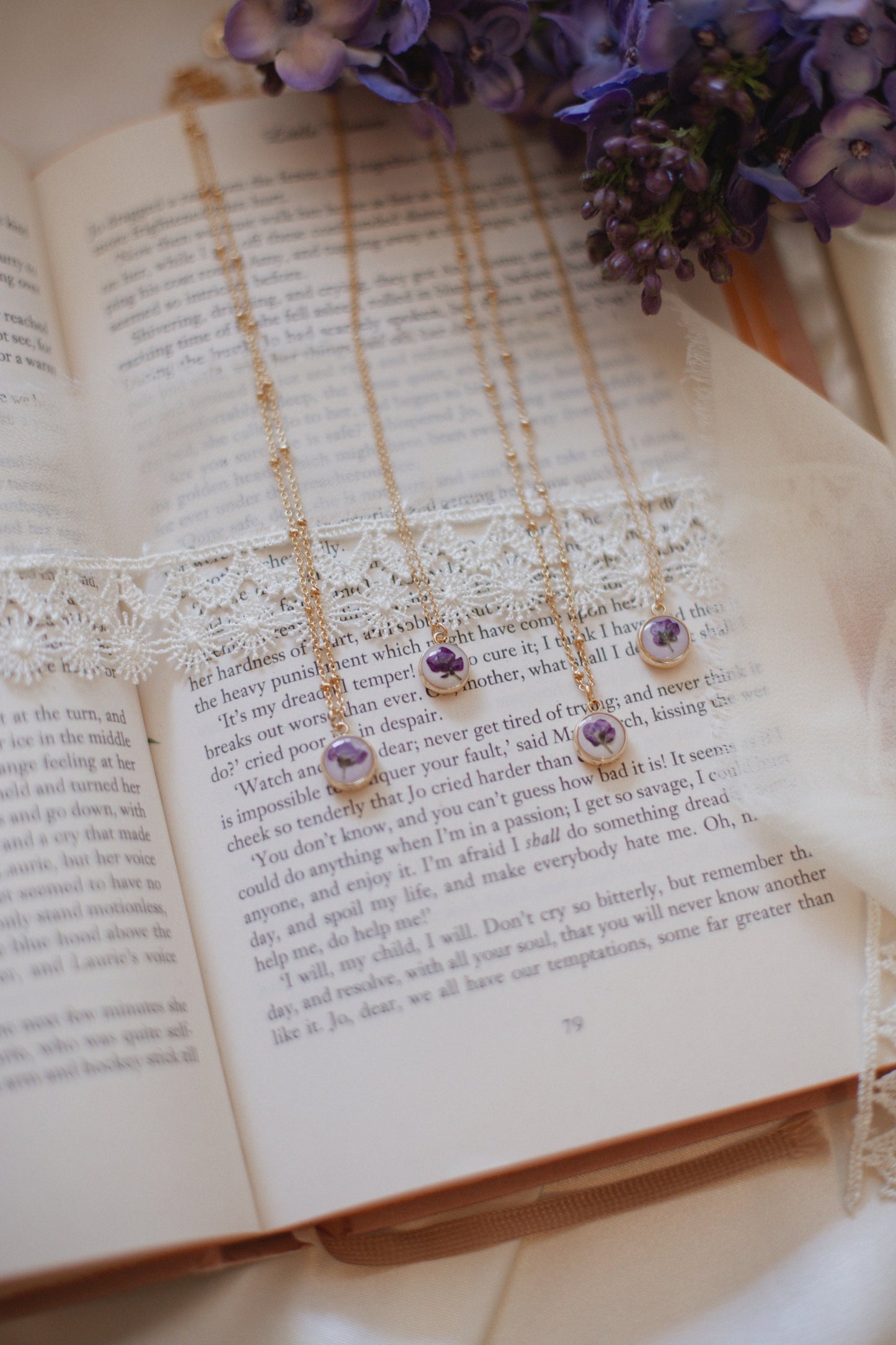 Louisa Wildflower Necklace | Pressed Flower Jewelry | Purple Alyssum necklace | Gold plated Satellite Chain | Dainty Gold Filled Chain