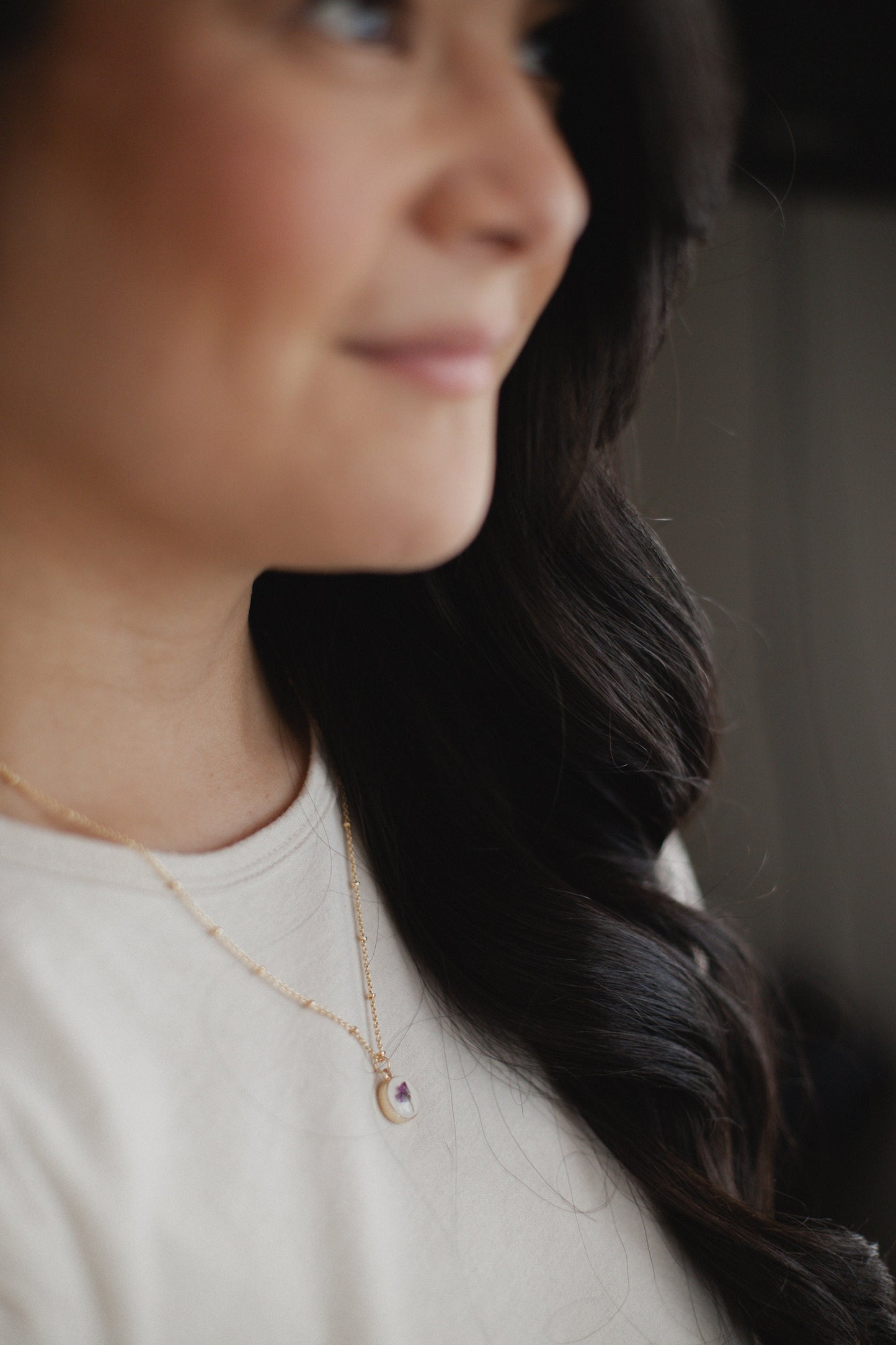 Louisa Wildflower Necklace | Pressed Flower Jewelry | Purple Alyssum necklace | Gold plated Satellite Chain | Dainty Gold Filled Chain