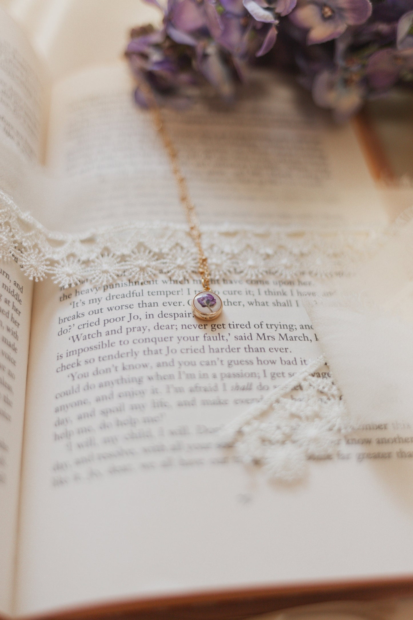 Louisa Wildflower Necklace | Pressed Flower Jewelry | Purple Alyssum necklace | Gold plated Satellite Chain | Dainty Gold Filled Chain